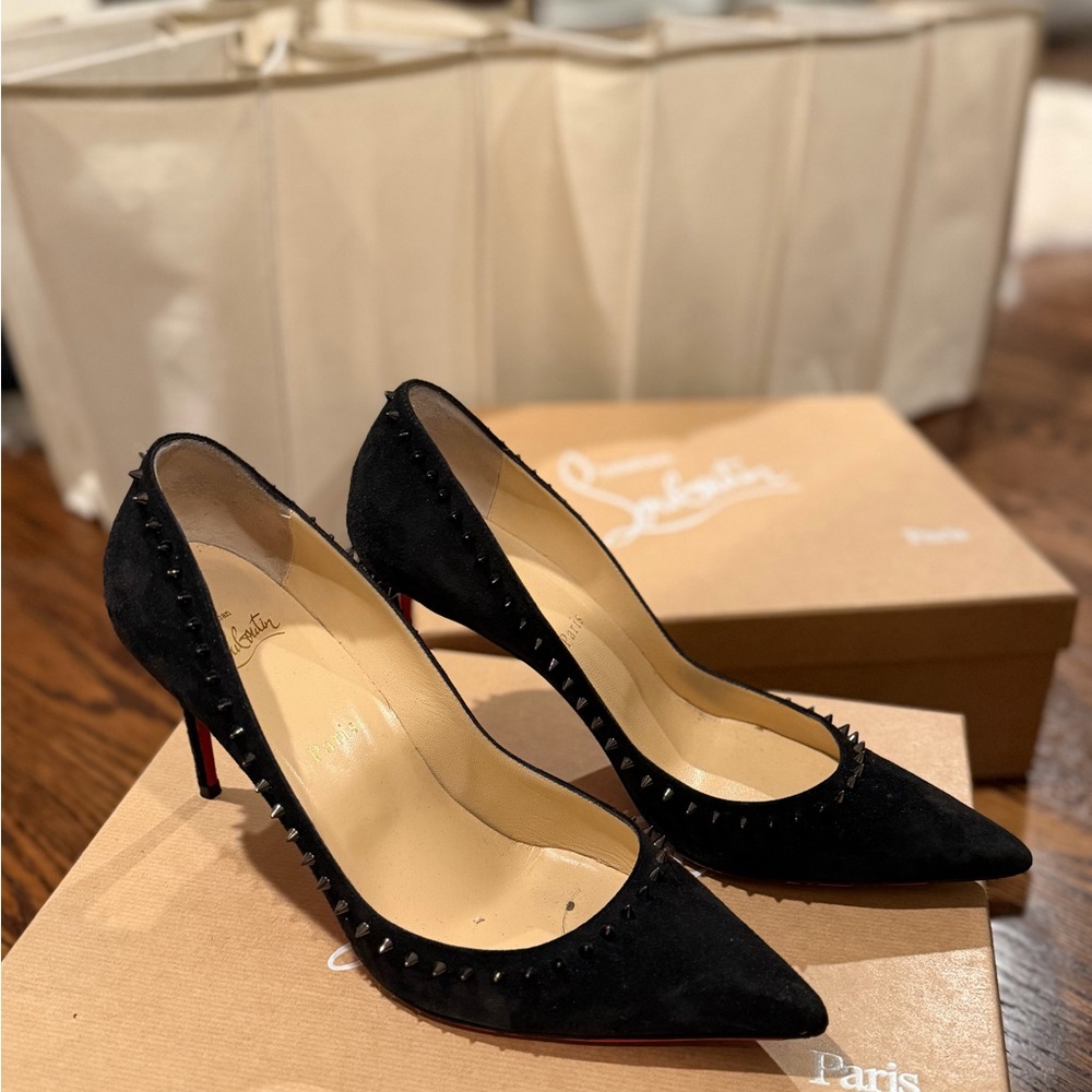 Christian Louboutin Black Suede Spike-Trim Pointed Toe Pumps with Red Sole